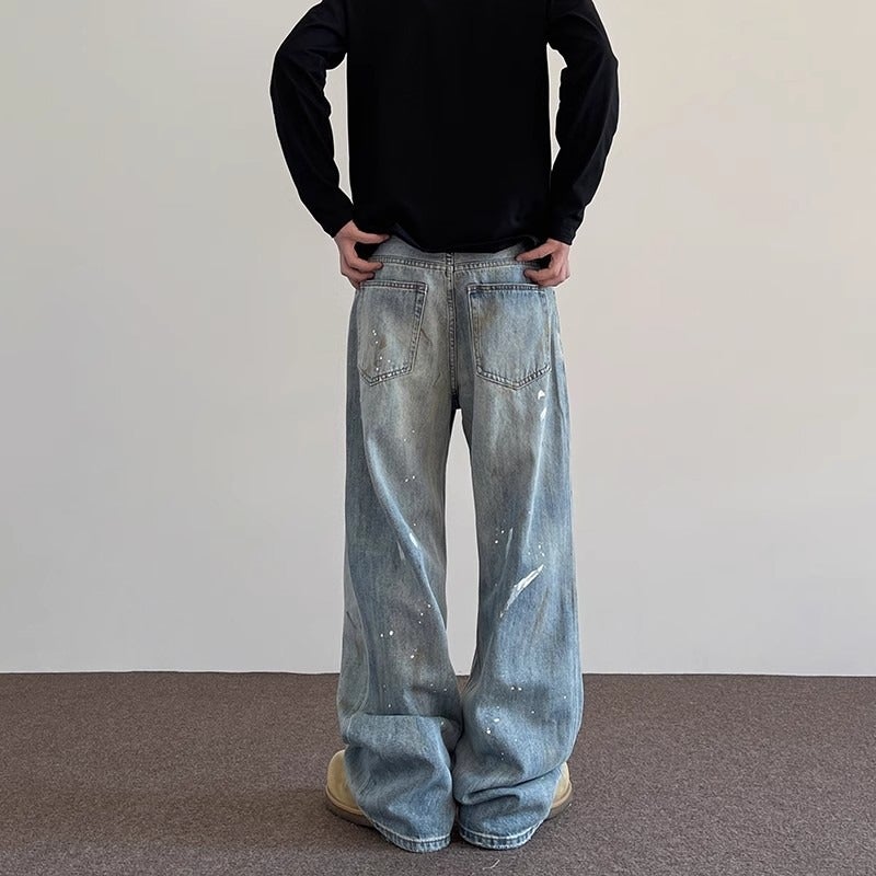 American Retro High Street Vibe Distressed Splatter Jeans Trendy Loose Straight Casual Versatile Designer Pants - Image 5